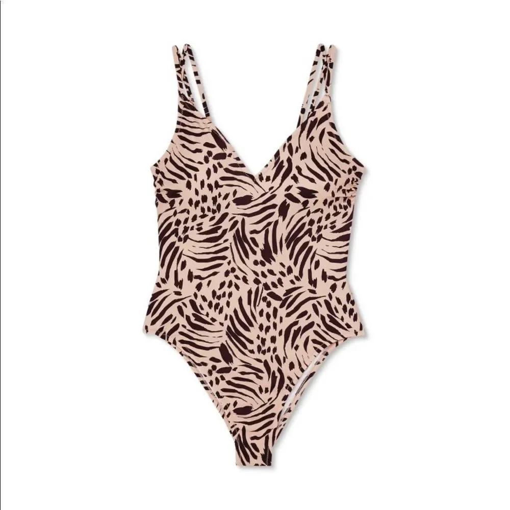 NWT New SHADE & SHORE Leopard Animal Print Monokini Swimsuit Tan Brown M 8 10 - Picture 1 of 9